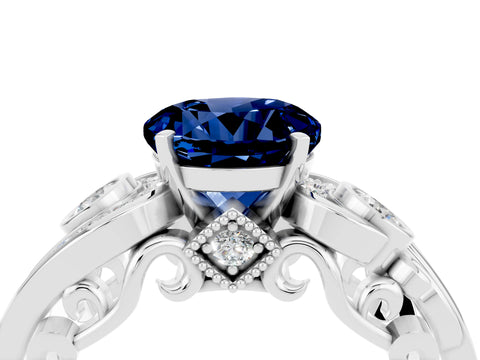 White gold Round Cut Blue Sapphire Solitaire Ring with Milgrain Pavé Band and Four-Prong Setting_16