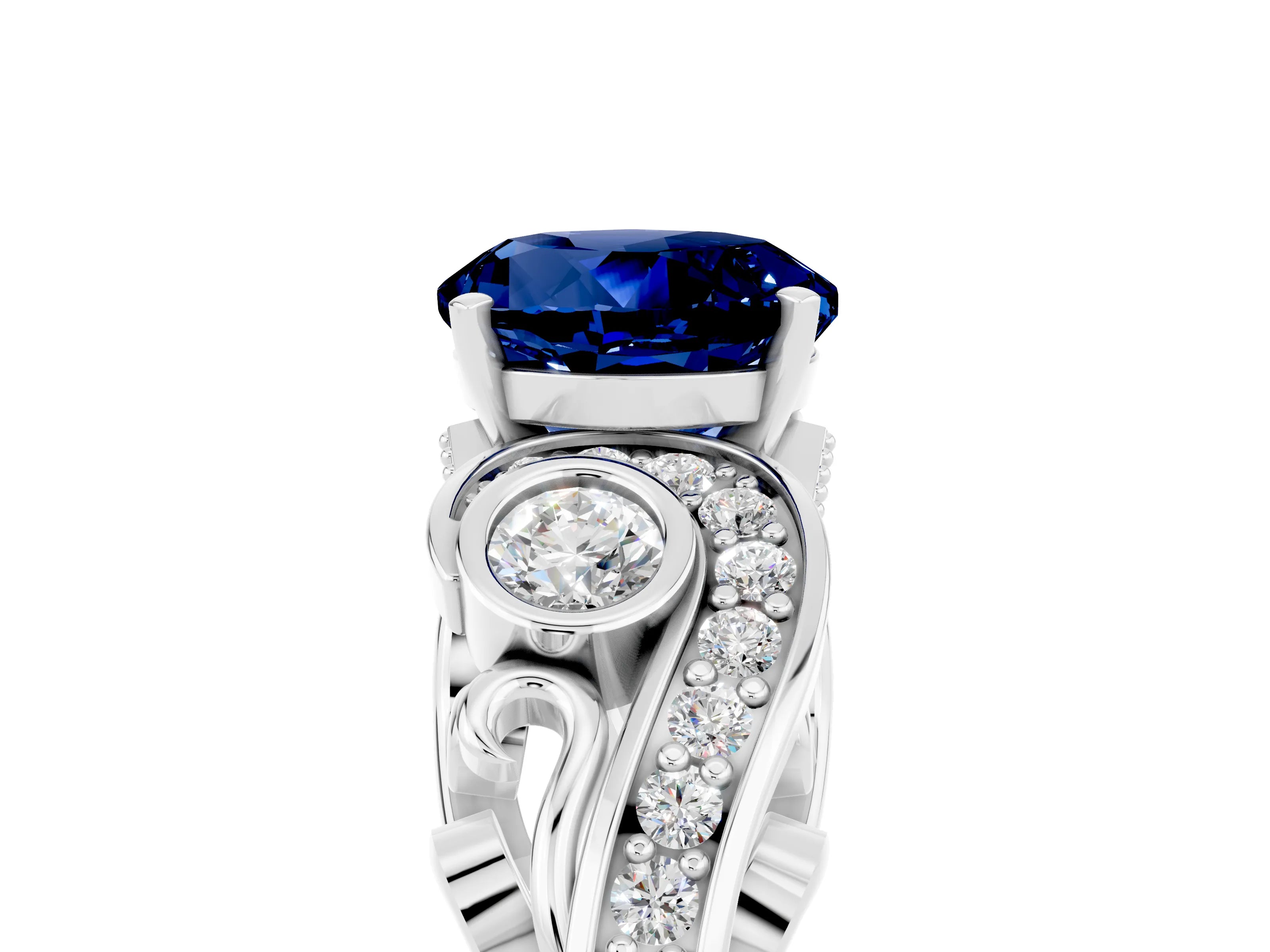 White gold Round Cut Blue Sapphire Solitaire Ring with Milgrain Pavé Band and Four-Prong Setting_17