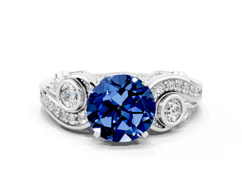 White gold Round Cut Blue Sapphire Solitaire Ring with Milgrain Pavé Band and Four-Prong Setting_48
