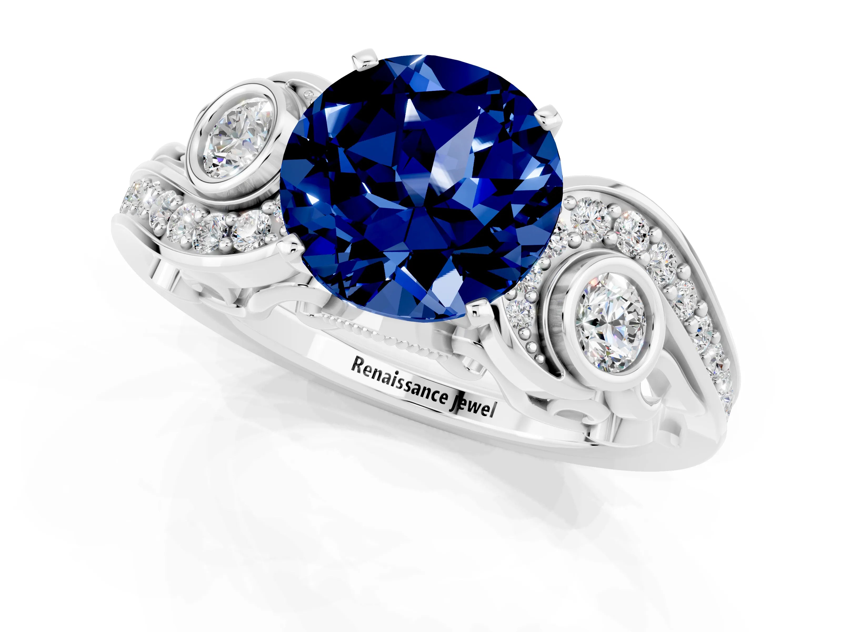 White gold Round Cut Blue Sapphire Solitaire Ring with Milgrain Pavé Band and Four-Prong Setting_49