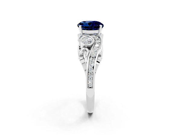 White gold Round Cut Blue Sapphire Solitaire Ring with Milgrain Pavé Band and Four-Prong Setting