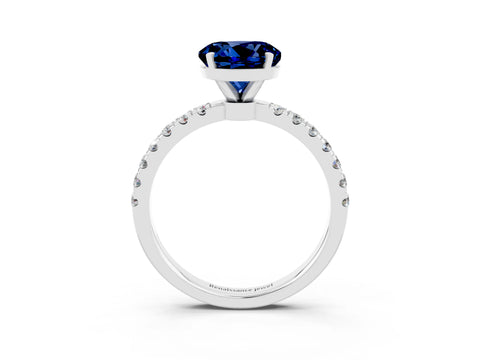 White gold Round Cut Blue Sapphire Solitaire Ring with Pavé Accents and Four-Prong Setting_3