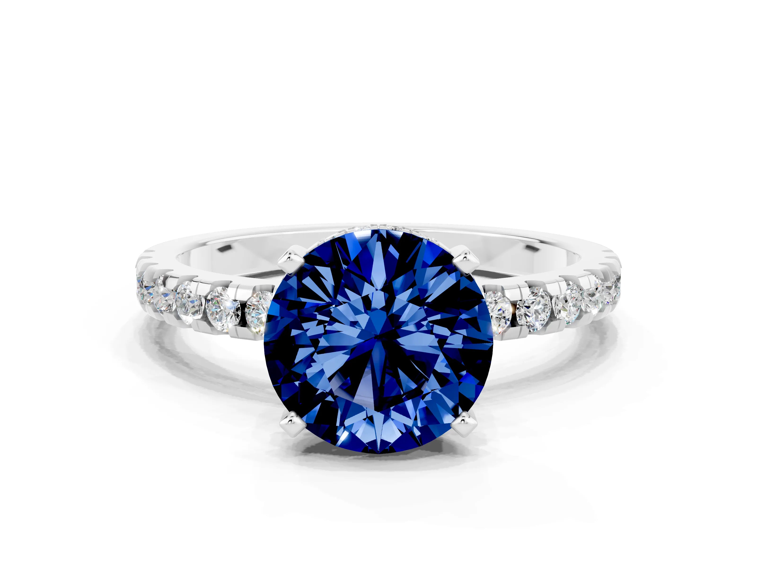 White gold Round Cut Blue Sapphire Solitaire Ring with Pavé Band and Four-Prong Setting_24