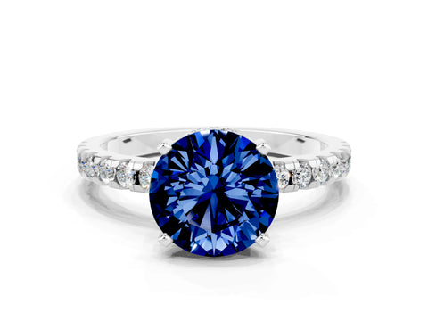 White gold Round Cut Blue Sapphire Solitaire Ring with Pavé Band and Four-Prong Setting_24