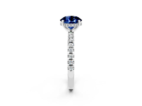 White gold Round Cut Blue Sapphire Solitaire Ring with Pavé Band and Four-Prong Setting_26