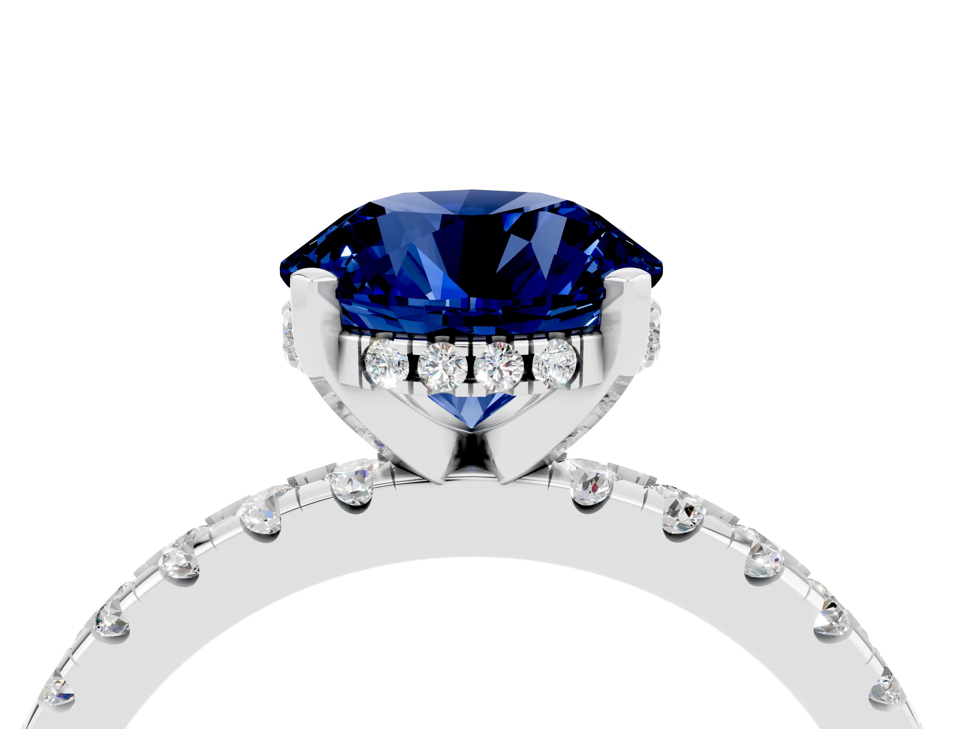 White gold Round Cut Blue Sapphire Solitaire Ring with Pavé Band and Four-Prong Setting_28