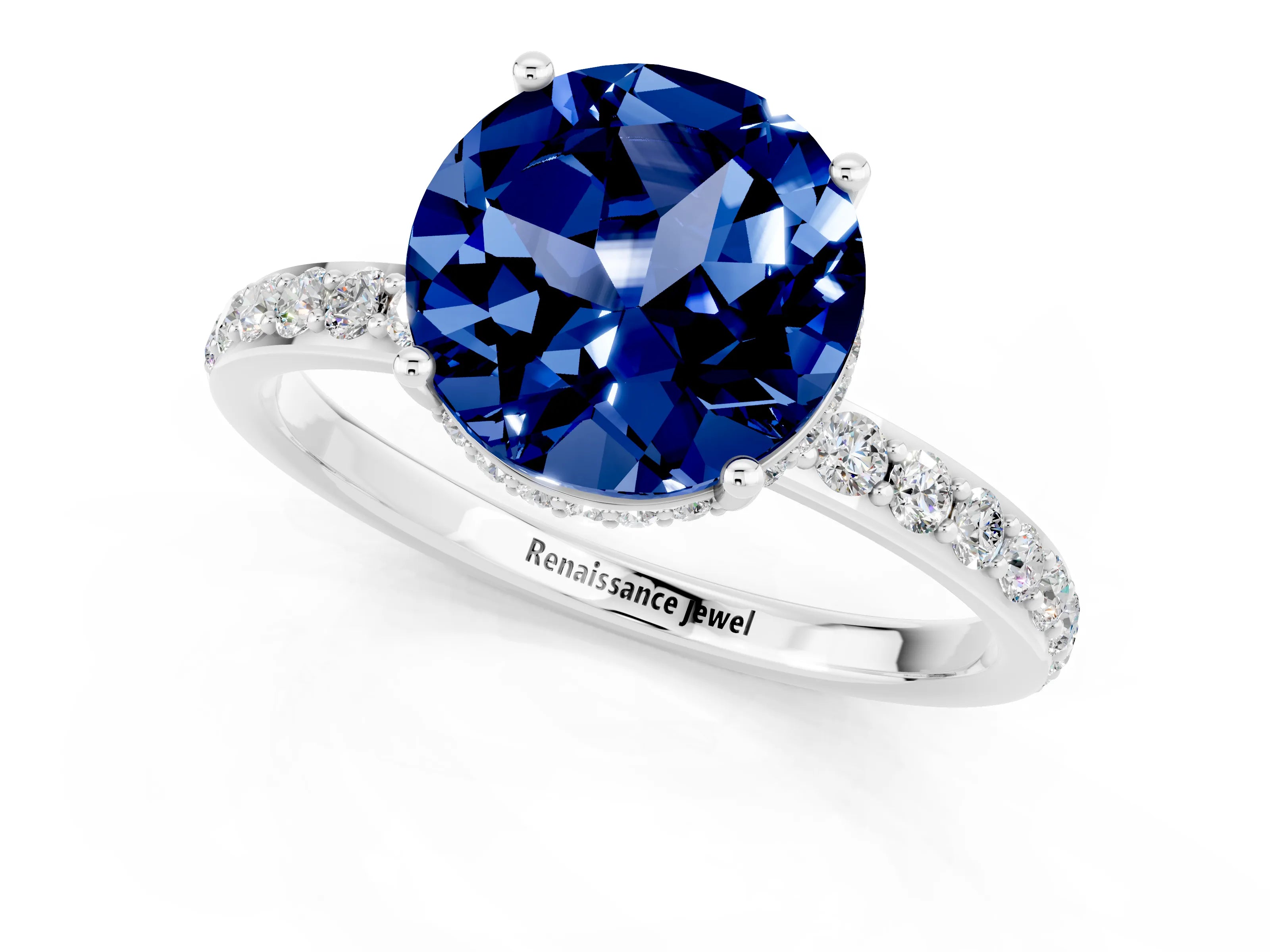 White gold Round Cut Blue Sapphire Solitaire Ring with Pavé Band and Hidden Halo_1