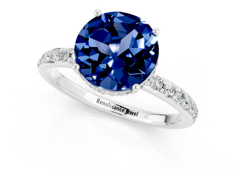 White gold Round Cut Blue Sapphire Solitaire Ring with Pavé Band and Hidden Halo_1