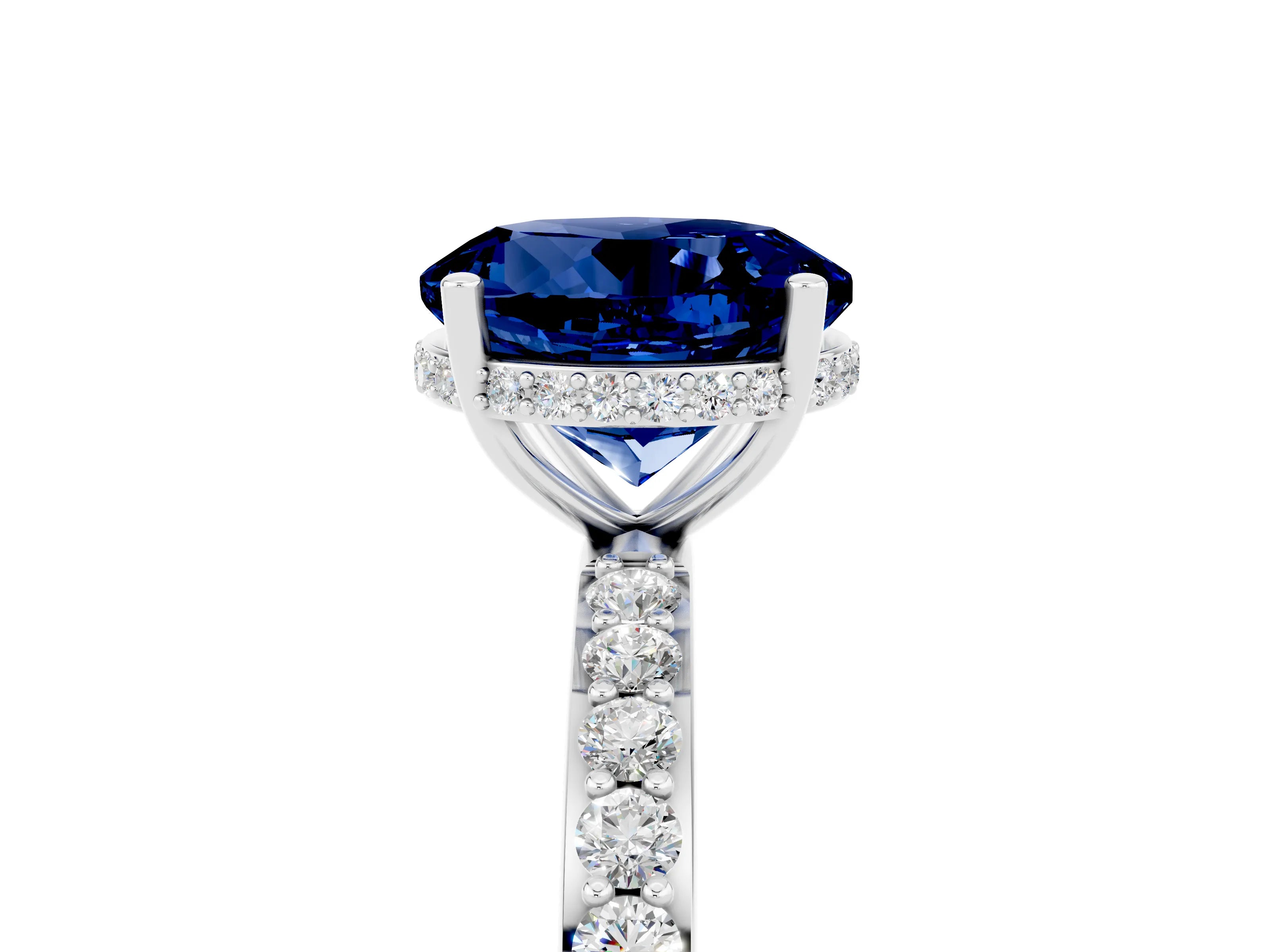White gold Round Cut Blue Sapphire Solitaire Ring with Pavé Band and Hidden Halo_29