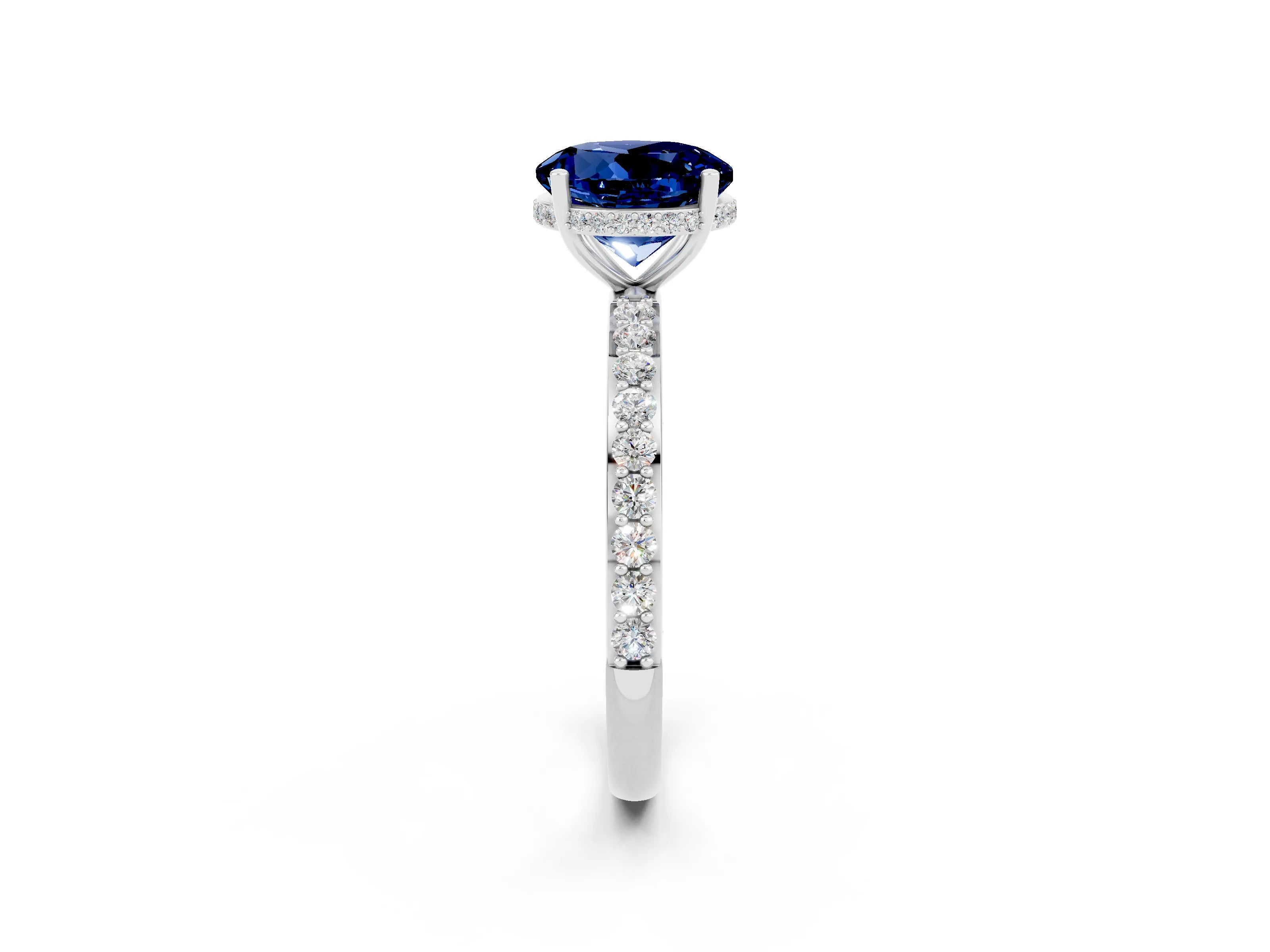 White gold Round Cut Blue Sapphire Solitaire Ring with Pavé Band and Hidden Halo_2