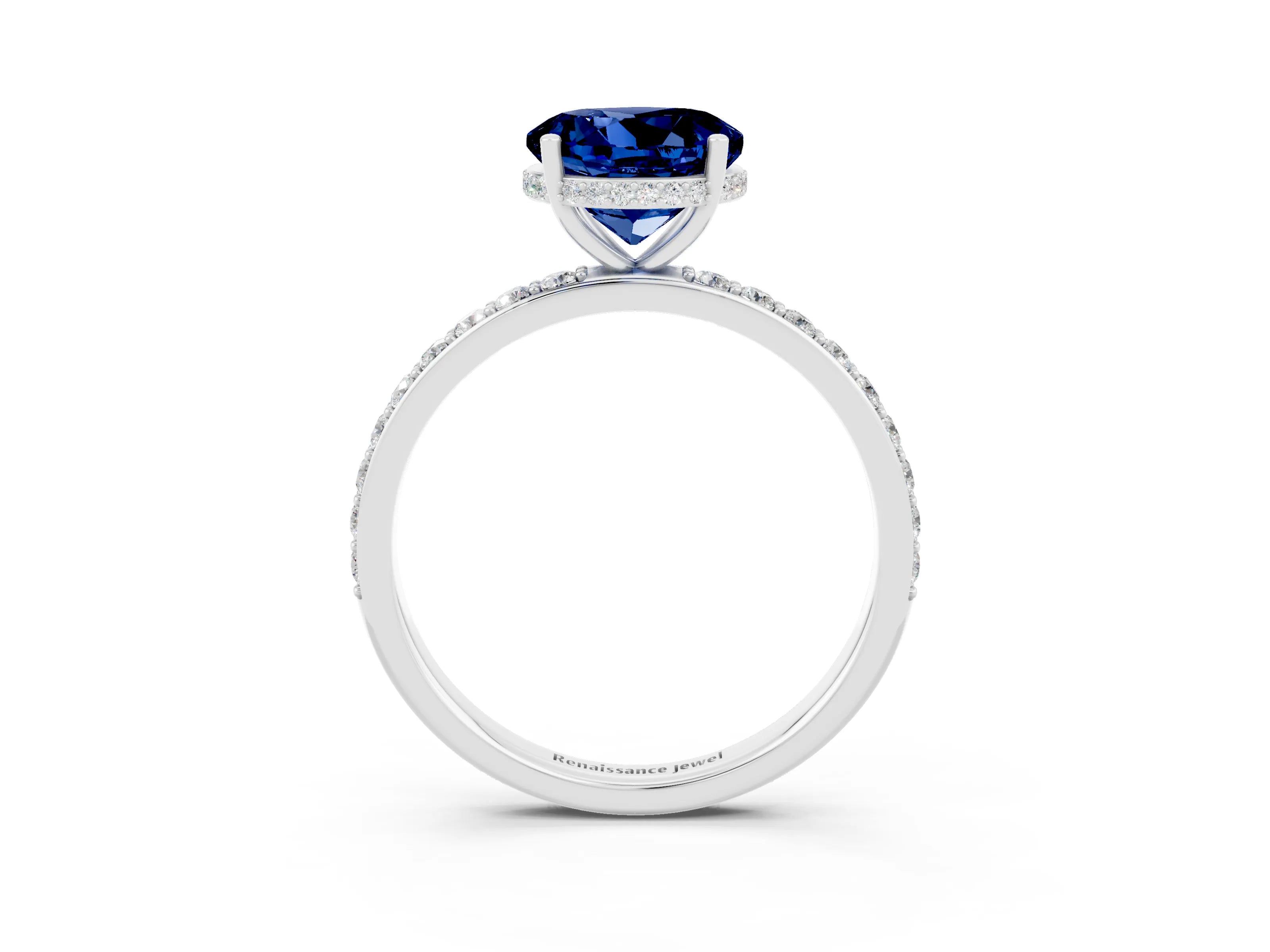 White gold Round Cut Blue Sapphire Solitaire Ring with Pavé Band and Hidden Halo_3