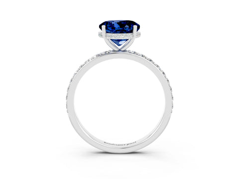 White gold Round Cut Blue Sapphire Solitaire Ring with Pavé Band and Hidden Halo_3