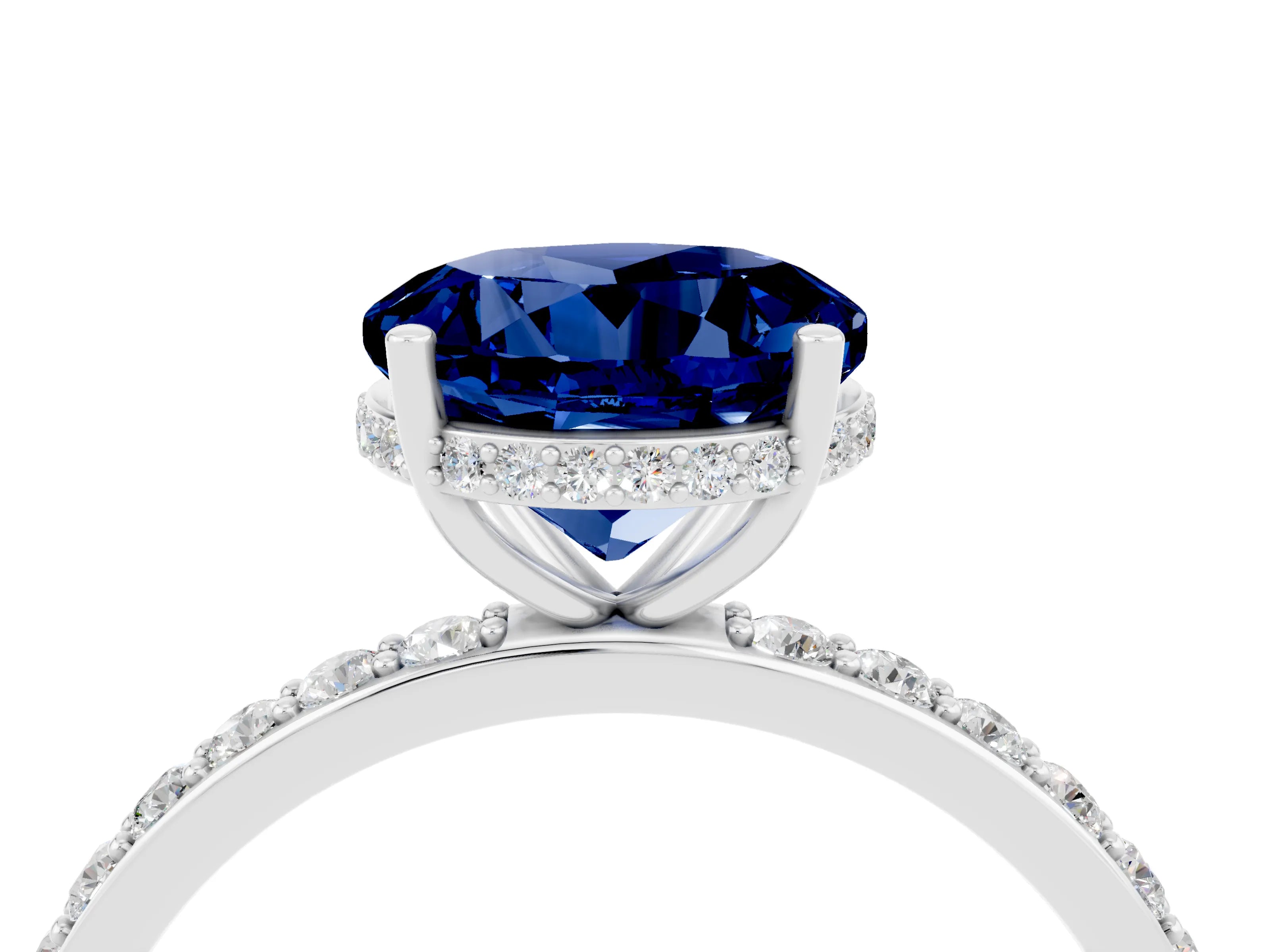 White gold Round Cut Blue Sapphire Solitaire Ring with Pavé Band and Hidden Halo_4