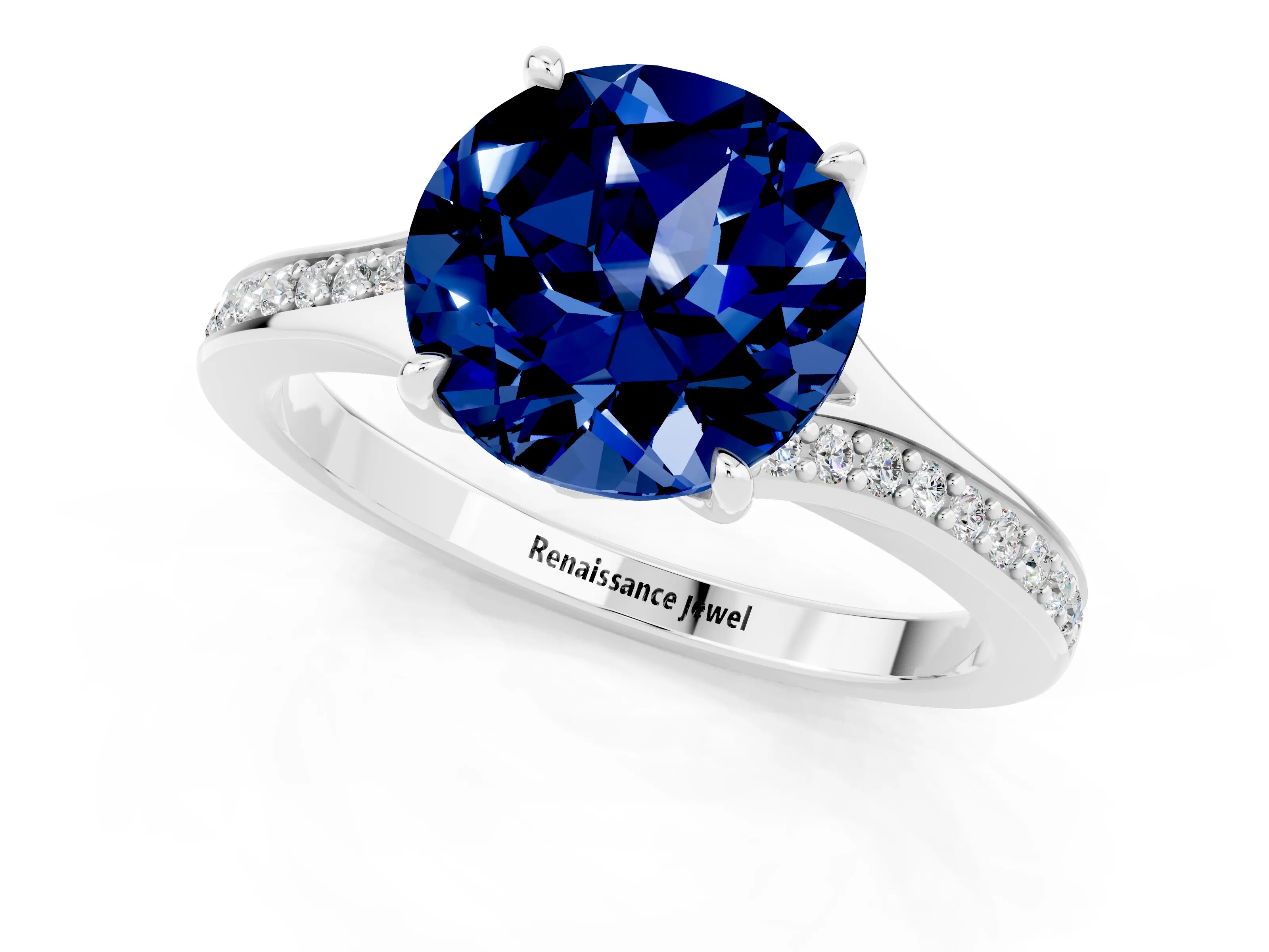 White gold Round Cut Blue Sapphire Solitaire Ring with Pavé Band and Prong Setting_1