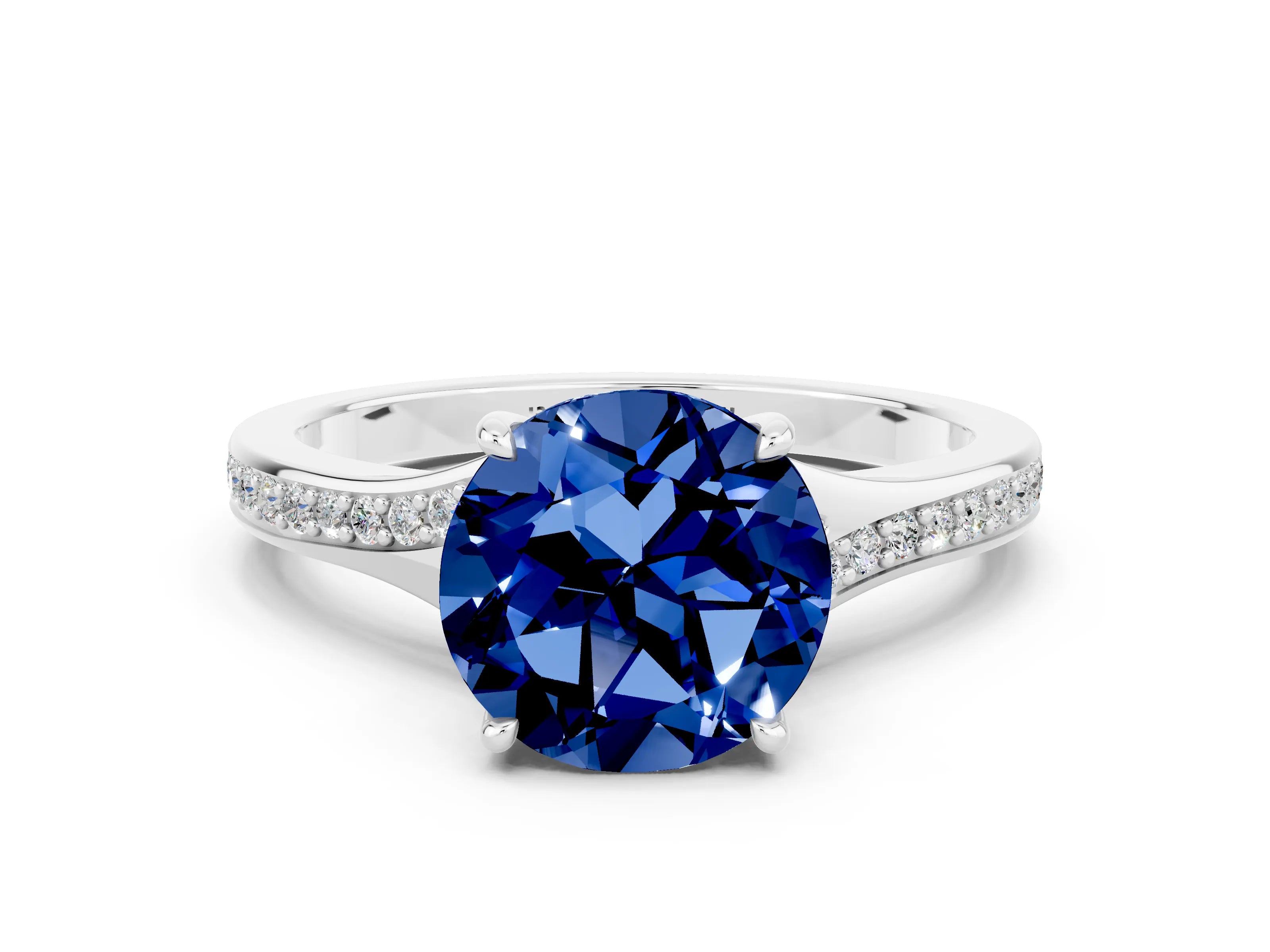 White gold Round Cut Blue Sapphire Solitaire Ring with Pavé Band and Prong Setting_12
