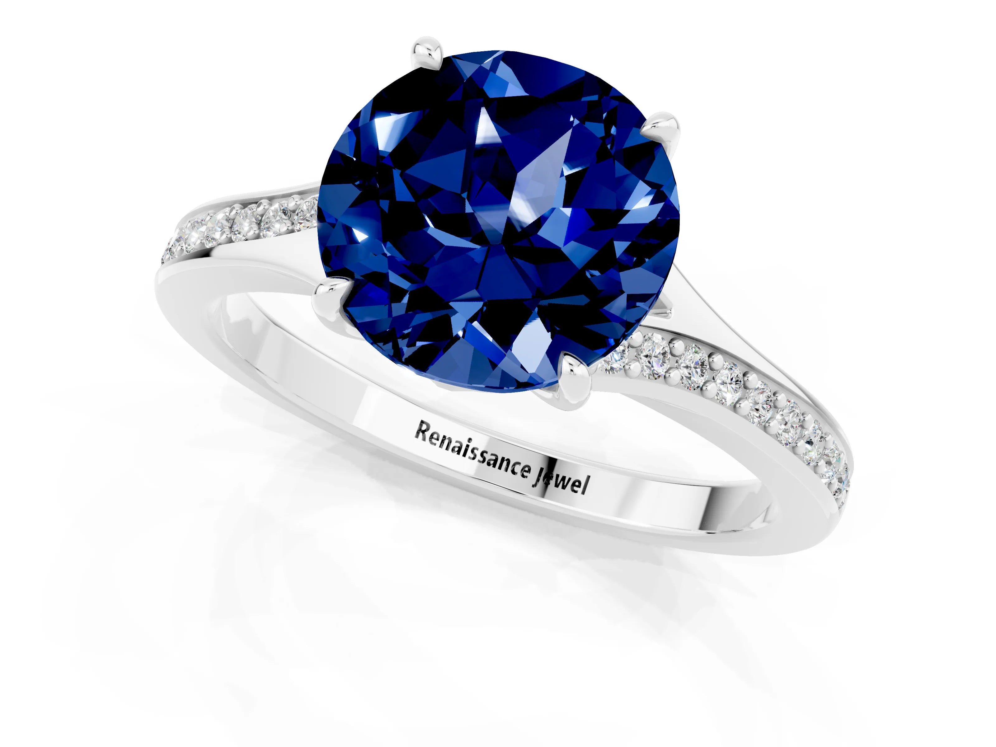 White gold Round Cut Blue Sapphire Solitaire Ring with Pavé Band and Prong Setting_13