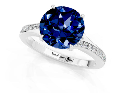 White gold Round Cut Blue Sapphire Solitaire Ring with Pavé Band and Prong Setting_13