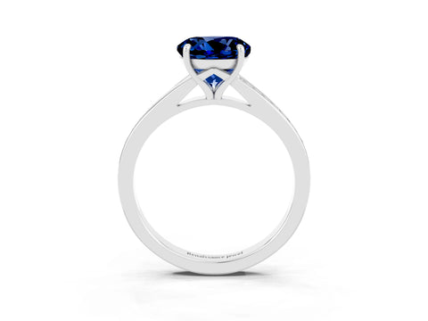 White gold Round Cut Blue Sapphire Solitaire Ring with Pavé Band and Prong Setting_15