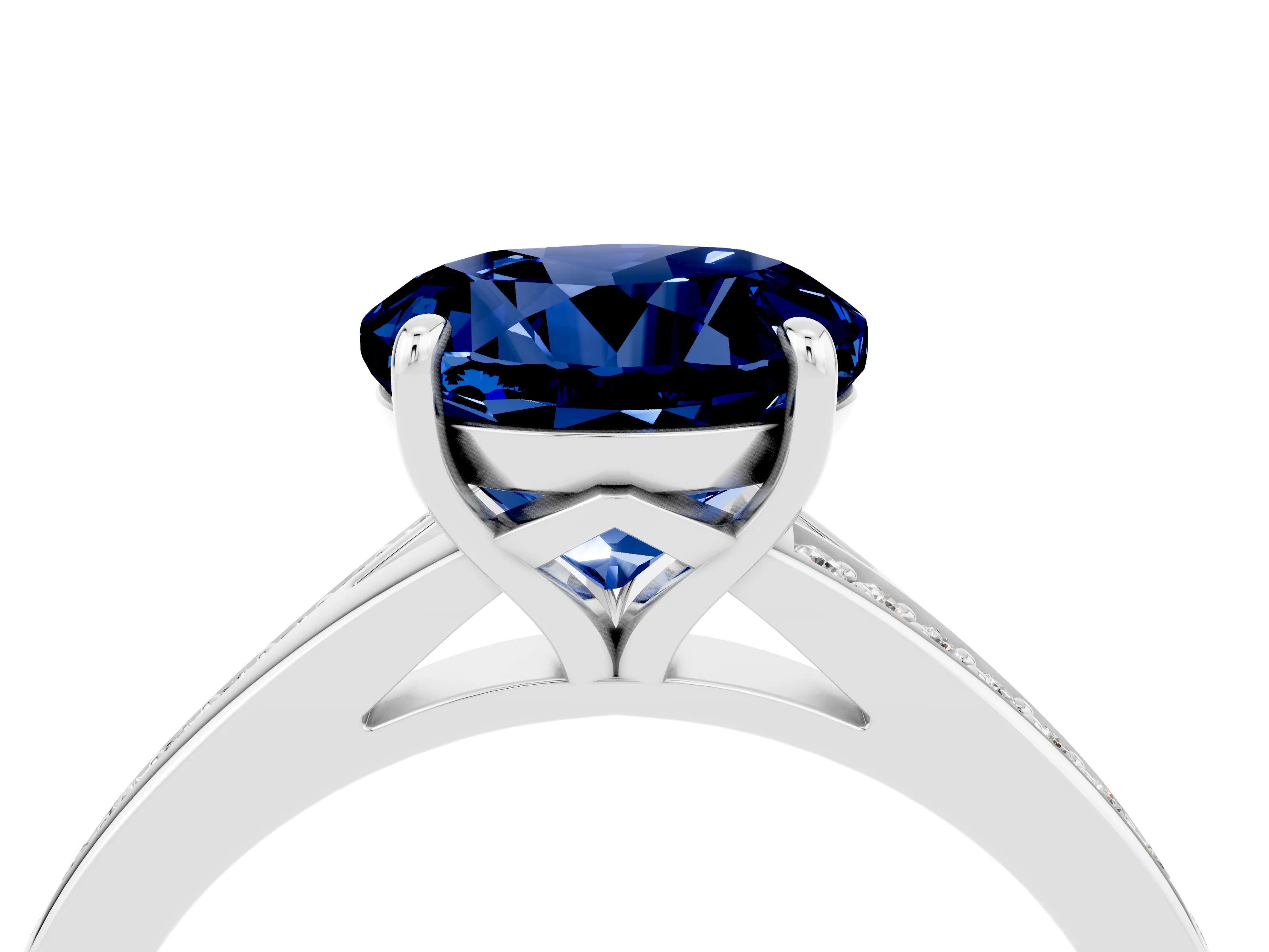 White gold Round Cut Blue Sapphire Solitaire Ring with Pavé Band and Prong Setting_16