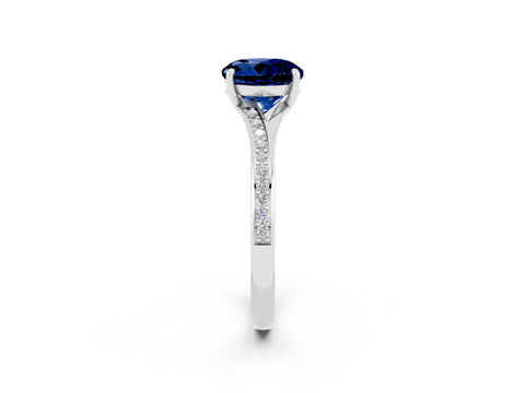 White gold Round Cut Blue Sapphire Solitaire Ring with Pavé Band and Prong Setting_2