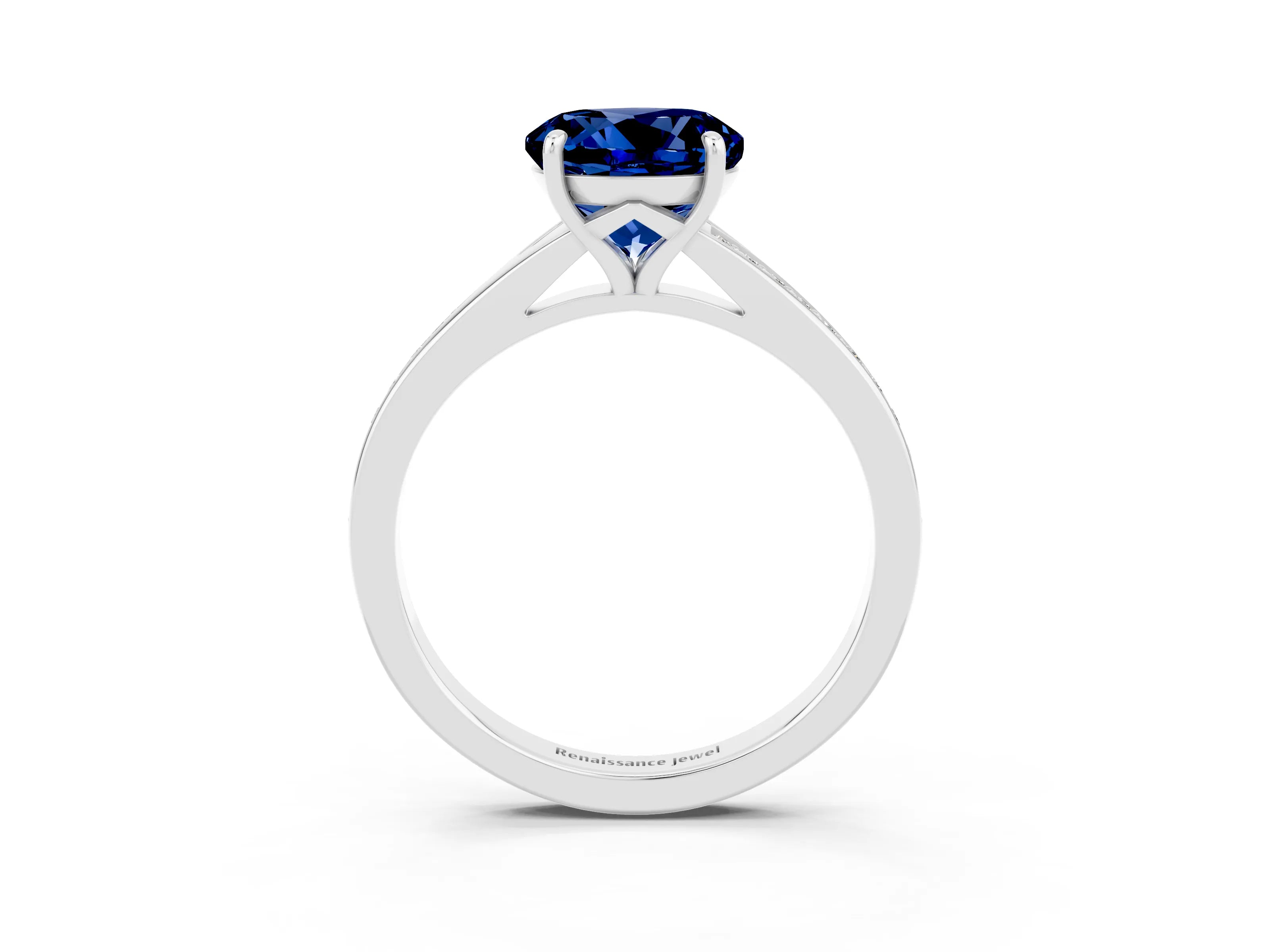 White gold Round Cut Blue Sapphire Solitaire Ring with Pavé Band and Prong Setting_3