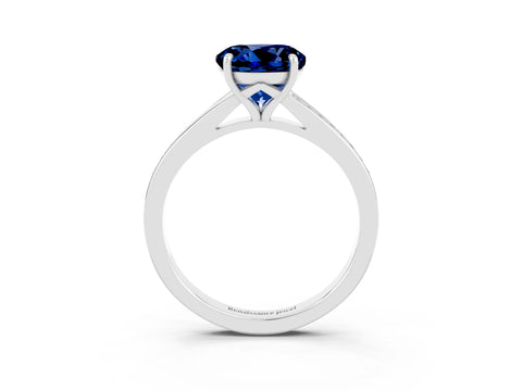 White gold Round Cut Blue Sapphire Solitaire Ring with Pavé Band and Prong Setting_3