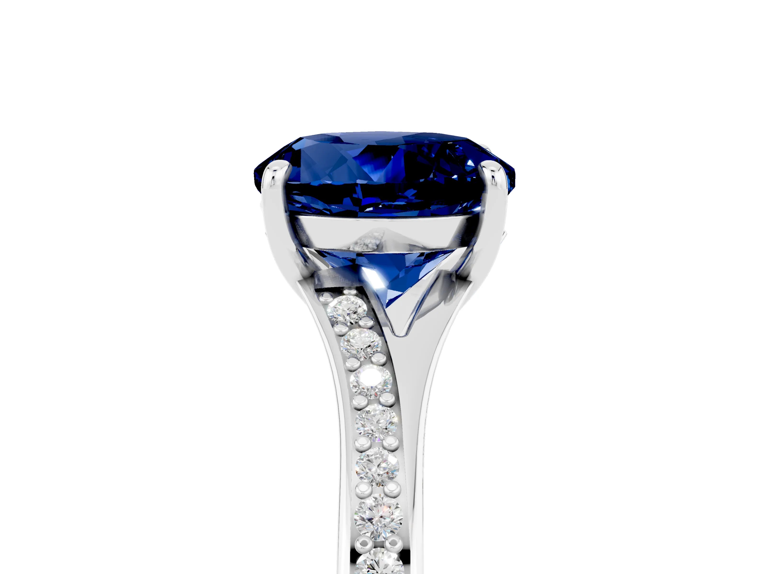 White gold Round Cut Blue Sapphire Solitaire Ring with Pavé Band and Prong Setting_5