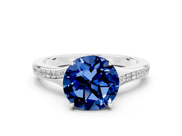 White gold Round Cut Blue Sapphire Solitaire Ring with Pavé Band and Prong Setting