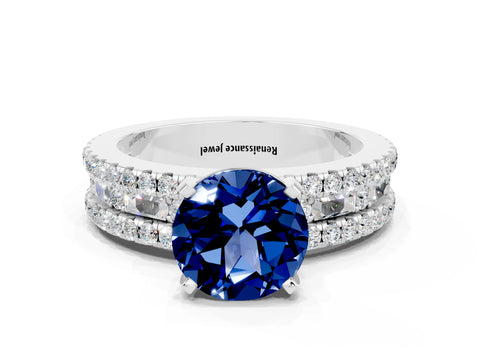White gold Round Cut Blue Sapphire Solitaire Ring with Pavé and Channel Set Band
