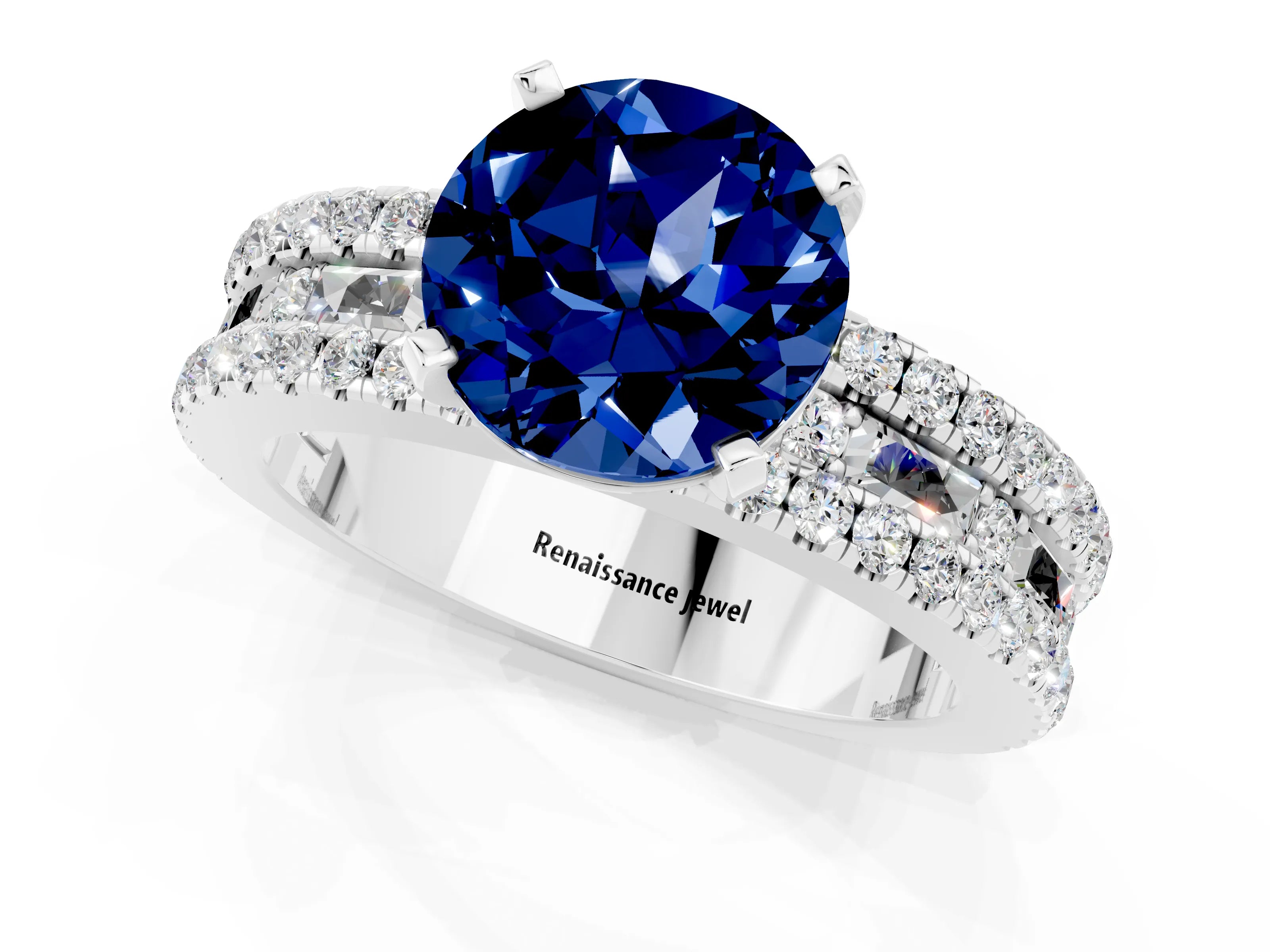 White gold Round Cut Blue Sapphire Solitaire Ring with Pavé and Channel Set Band_1