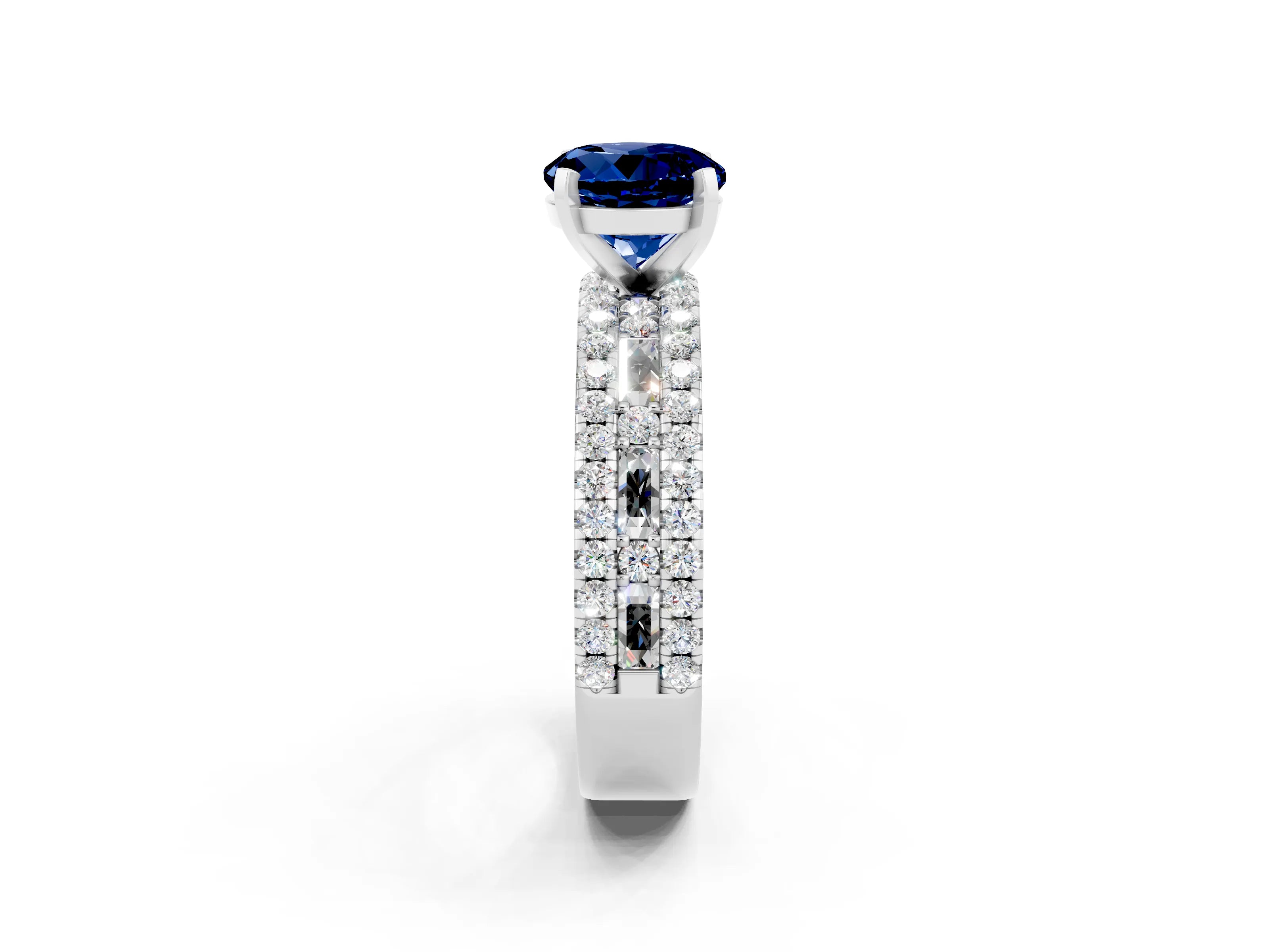 White gold Round Cut Blue Sapphire Solitaire Ring with Pavé and Channel Set Band_2