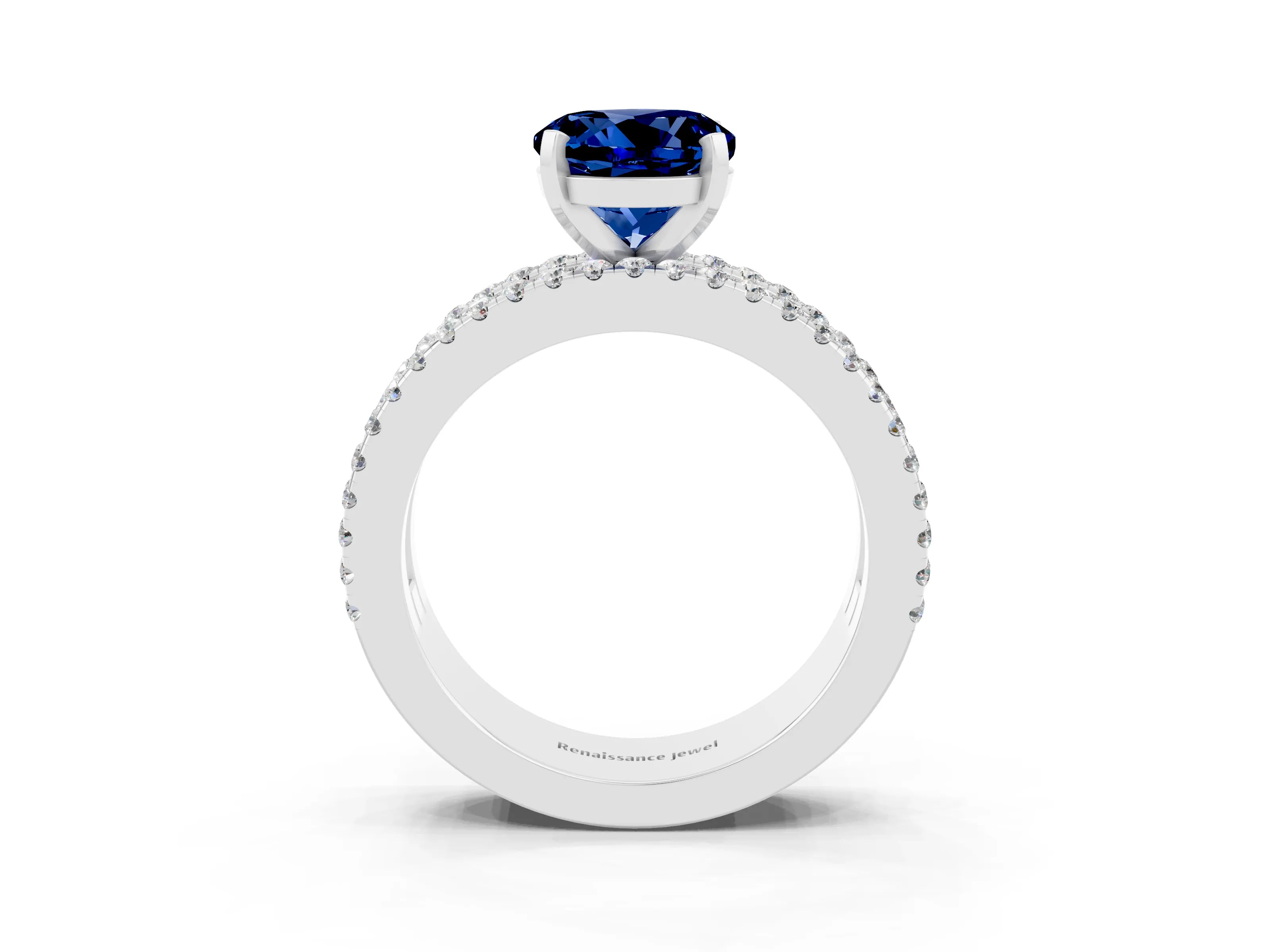White gold Round Cut Blue Sapphire Solitaire Ring with Pavé and Channel Set Band_3