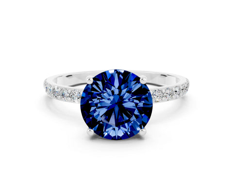 White gold Round Cut Blue Sapphire Solitaire Ring with Pave Band and Four Prong Setting_24
