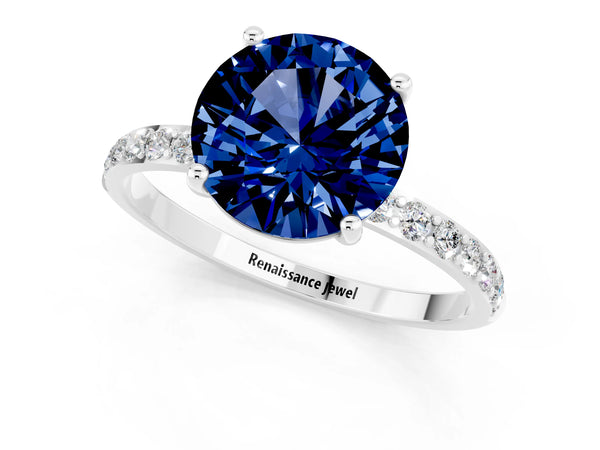 White gold Round Cut Blue Sapphire Solitaire Ring with Round  Pavé Band and Prong Setting