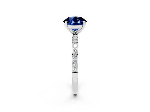 White gold Round Cut Blue Sapphire Solitaire Ring with Pave Band and Four Prong Setting_26