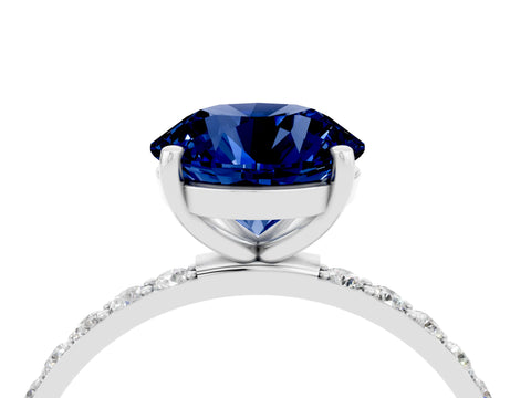 White gold Round Cut Blue Sapphire Solitaire Ring with Pave Band and Four Prong Setting_28