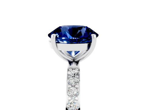 White gold Round Cut Blue Sapphire Solitaire Ring with Pave Band and Four Prong Setting_29