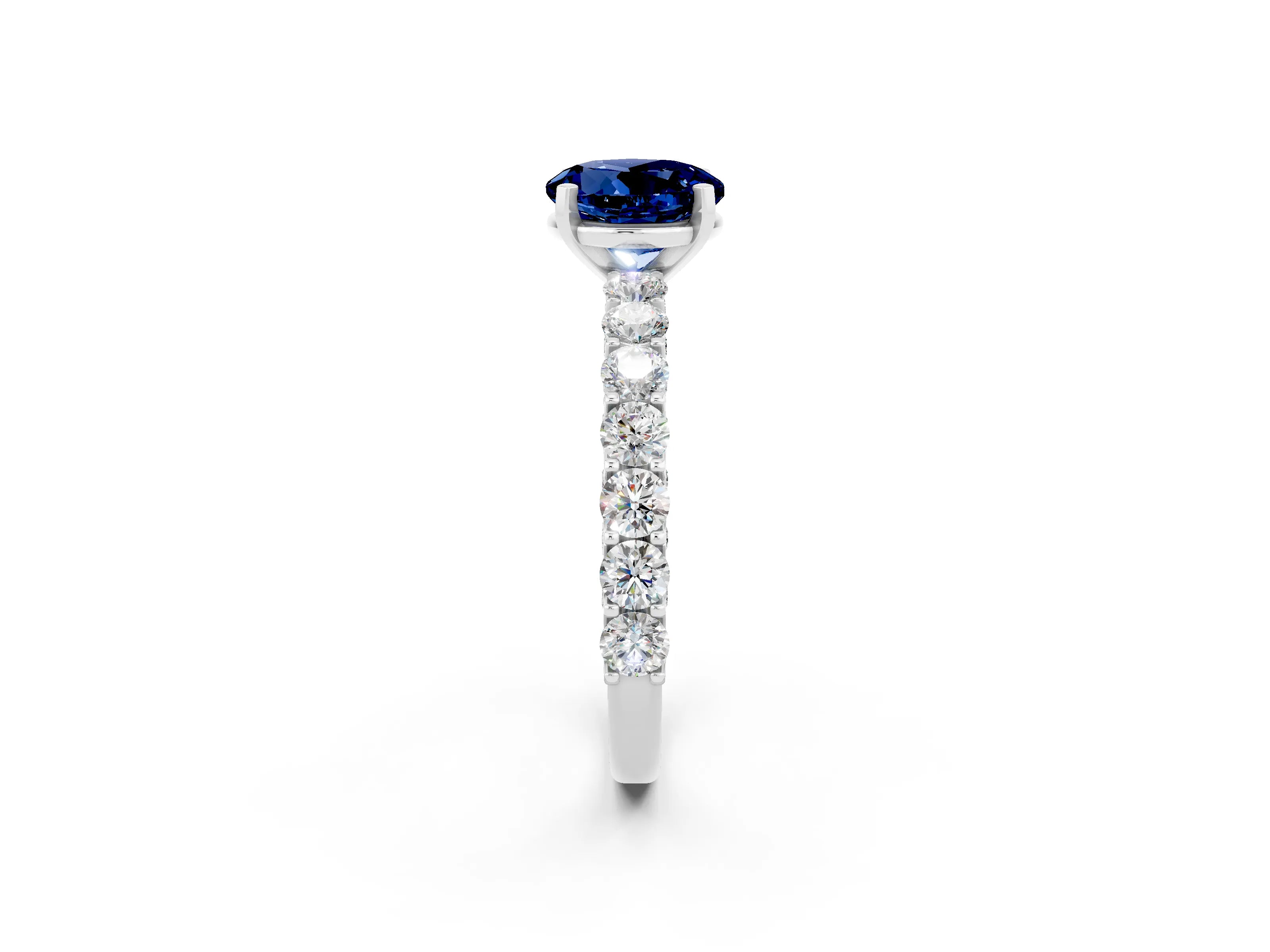 White gold Round Cut Blue Sapphire Solitaire Ring with Shared Prong Pavé Band and Four-Prong Setting_2