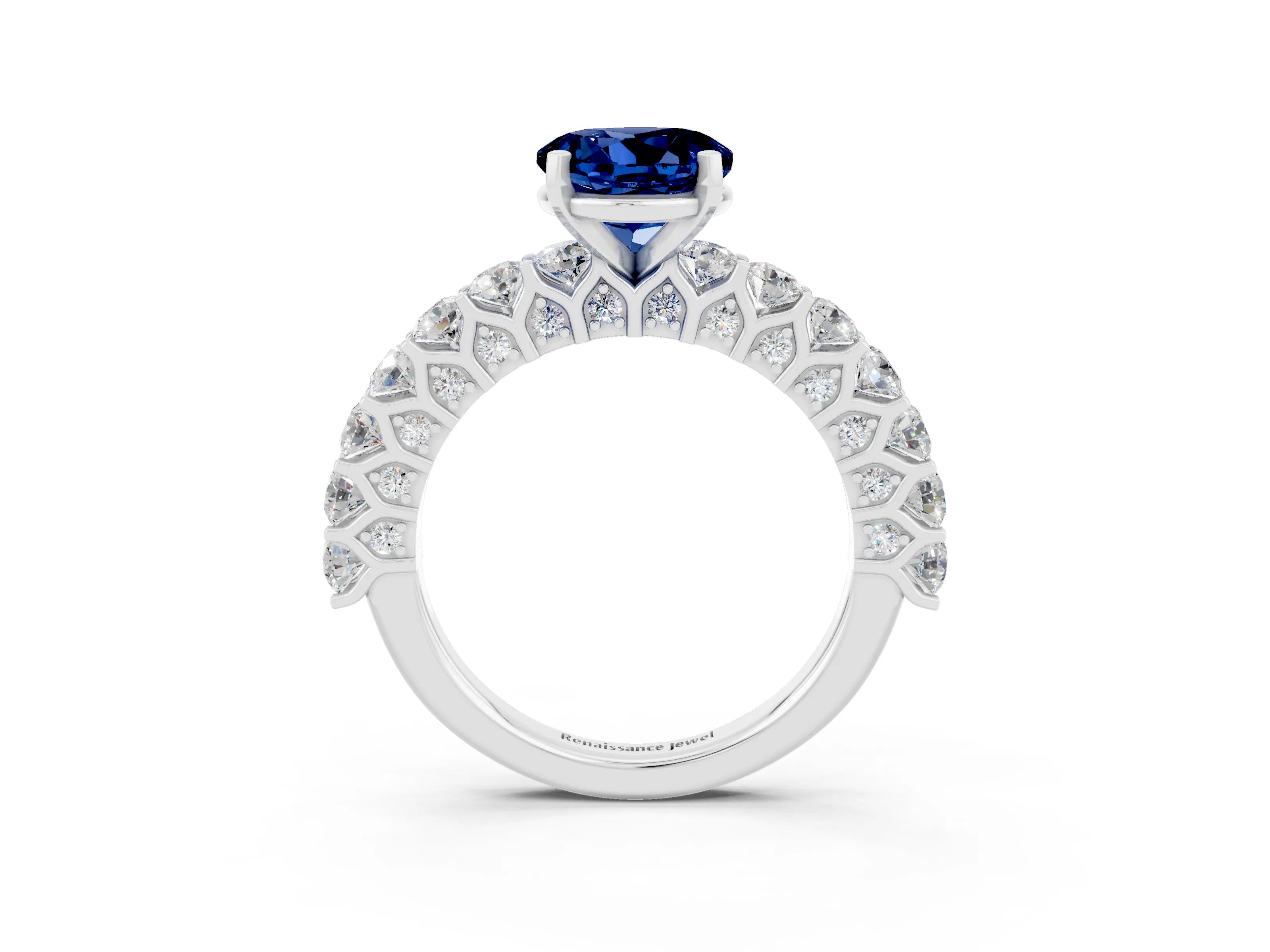 White gold Round Cut Blue Sapphire Solitaire Ring with Shared Prong Pavé Band and Four-Prong Setting_3