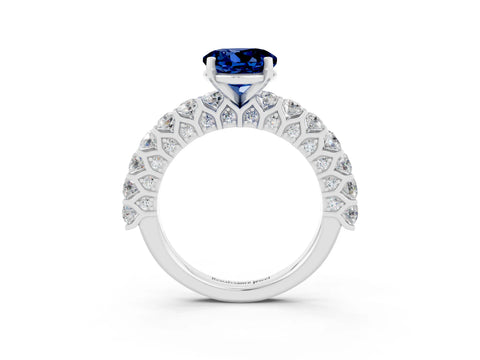 White gold Round Cut Blue Sapphire Solitaire Ring with Shared Prong Pavé Band and Four-Prong Setting_3