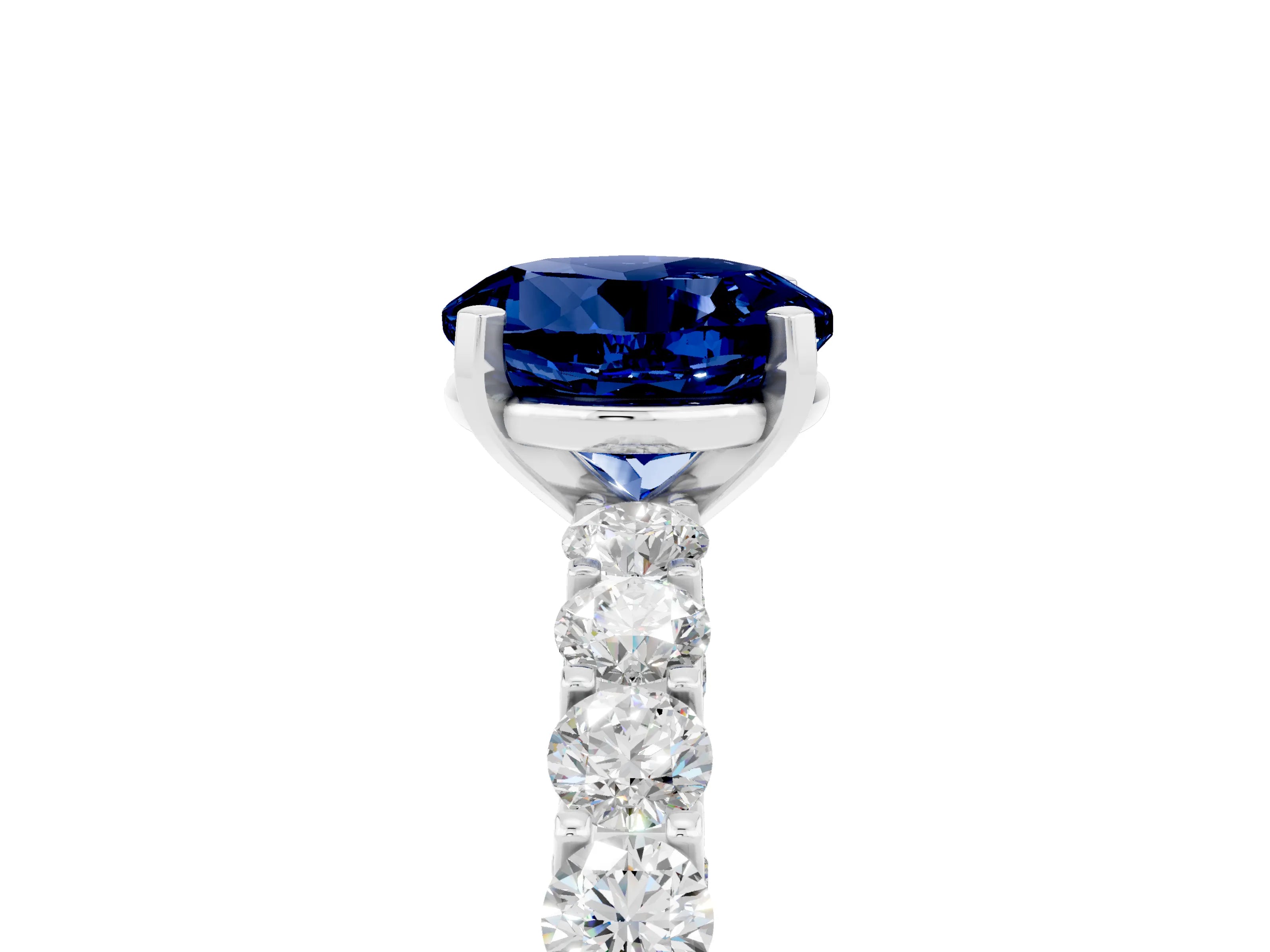 White gold Round Cut Blue Sapphire Solitaire Ring with Shared Prong Pavé Band and Four-Prong Setting_5