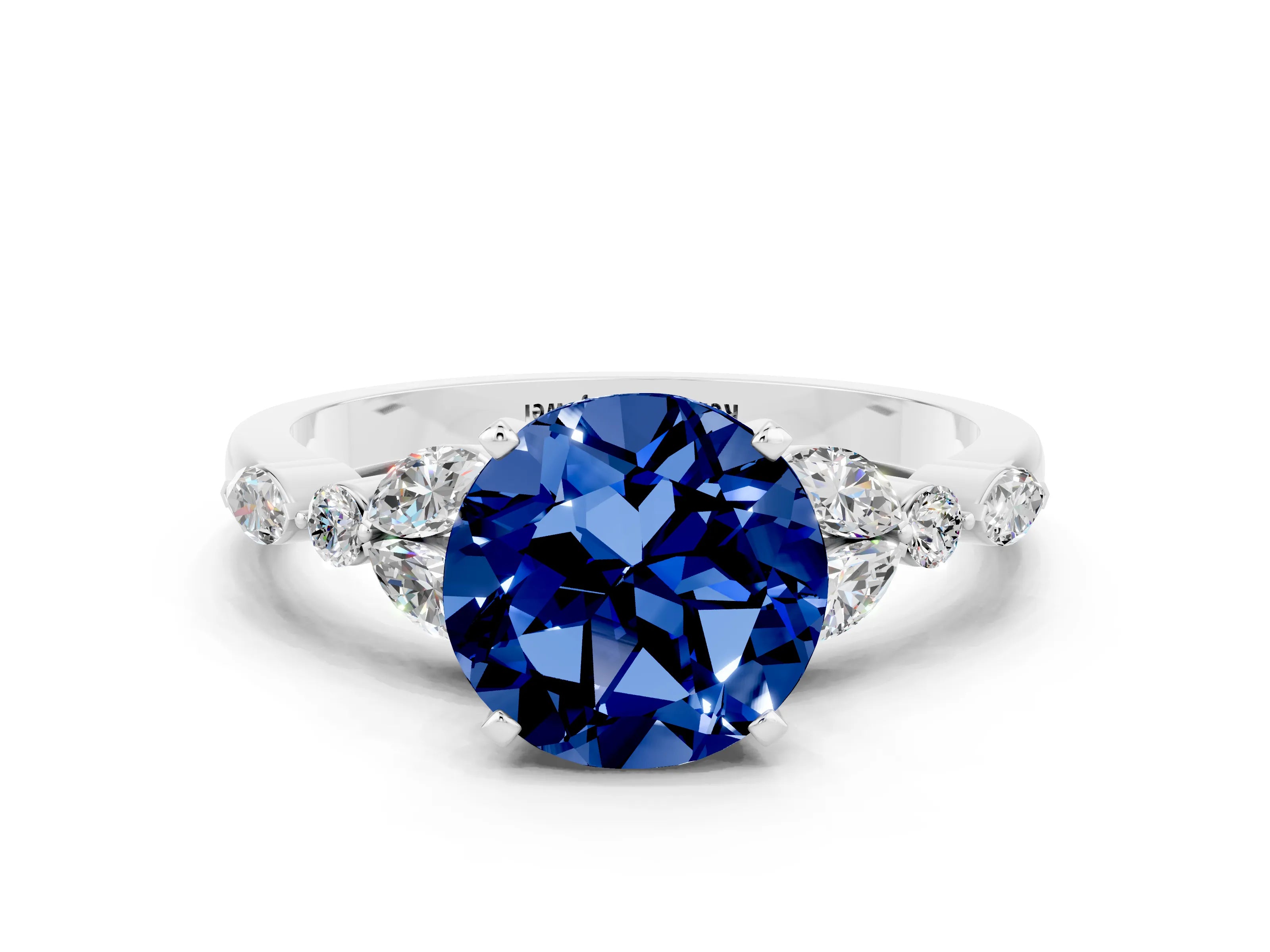 White gold Round Cut Blue Sapphire Solitaire Ring with Side Stones and Four-Prong Setting_24