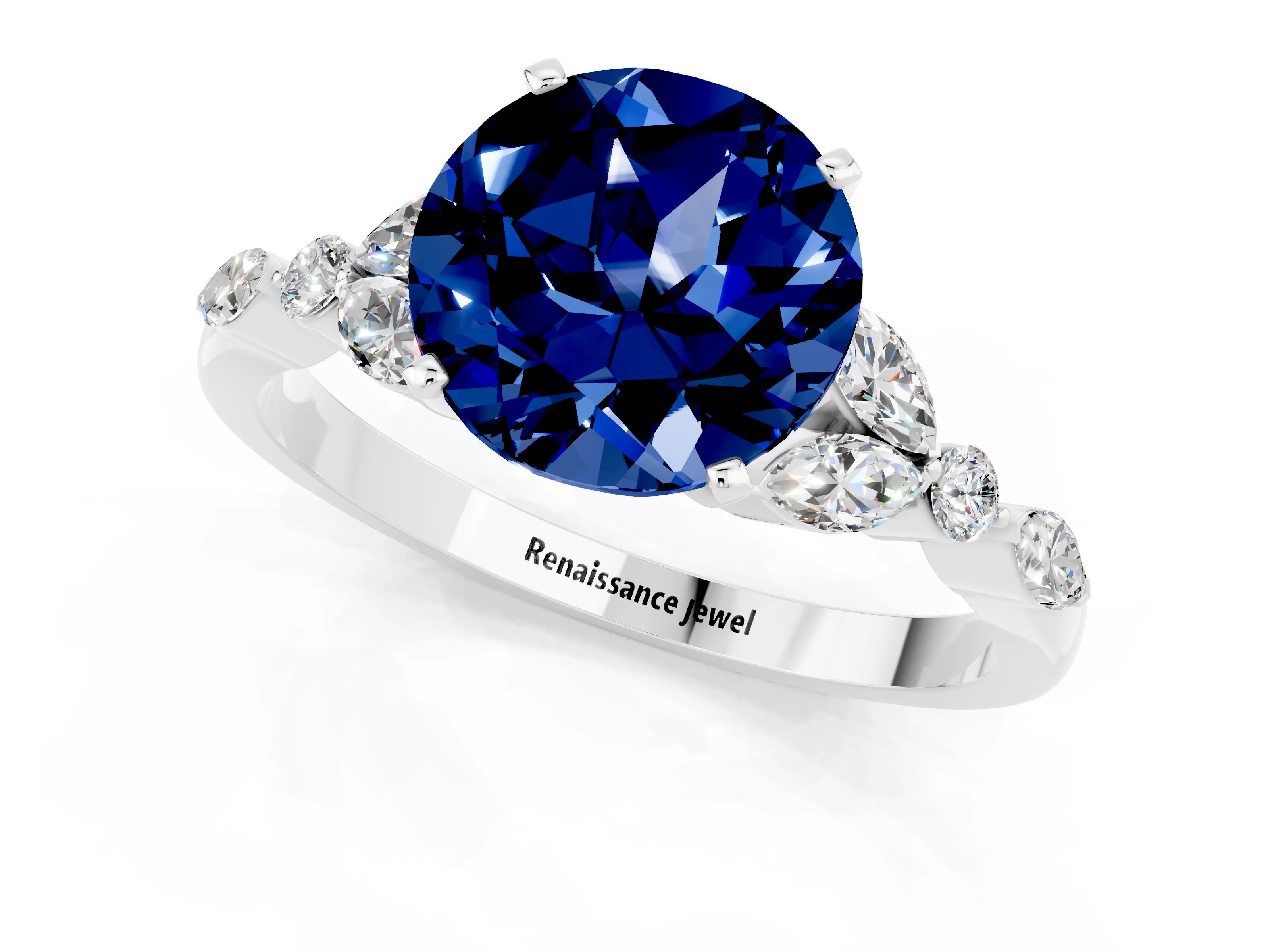 White gold Round Cut Blue Sapphire Solitaire Ring with Side Stones and Four-Prong Setting_25