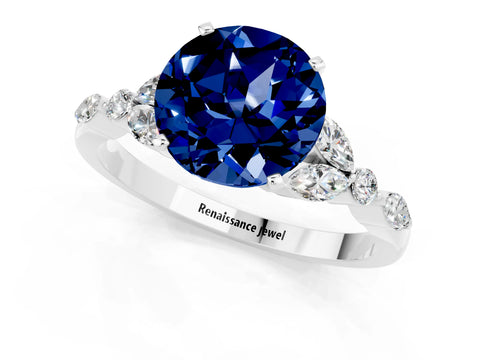 White gold Round Cut Blue Sapphire Solitaire Ring with Side Stones and Four-Prong Setting_25