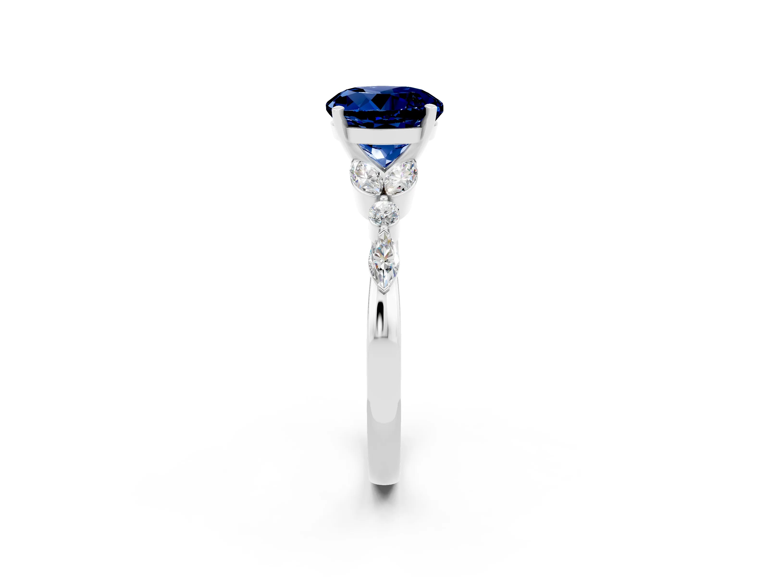 White gold Round Cut Blue Sapphire Solitaire Ring with Side Stones and Four-Prong Setting_26