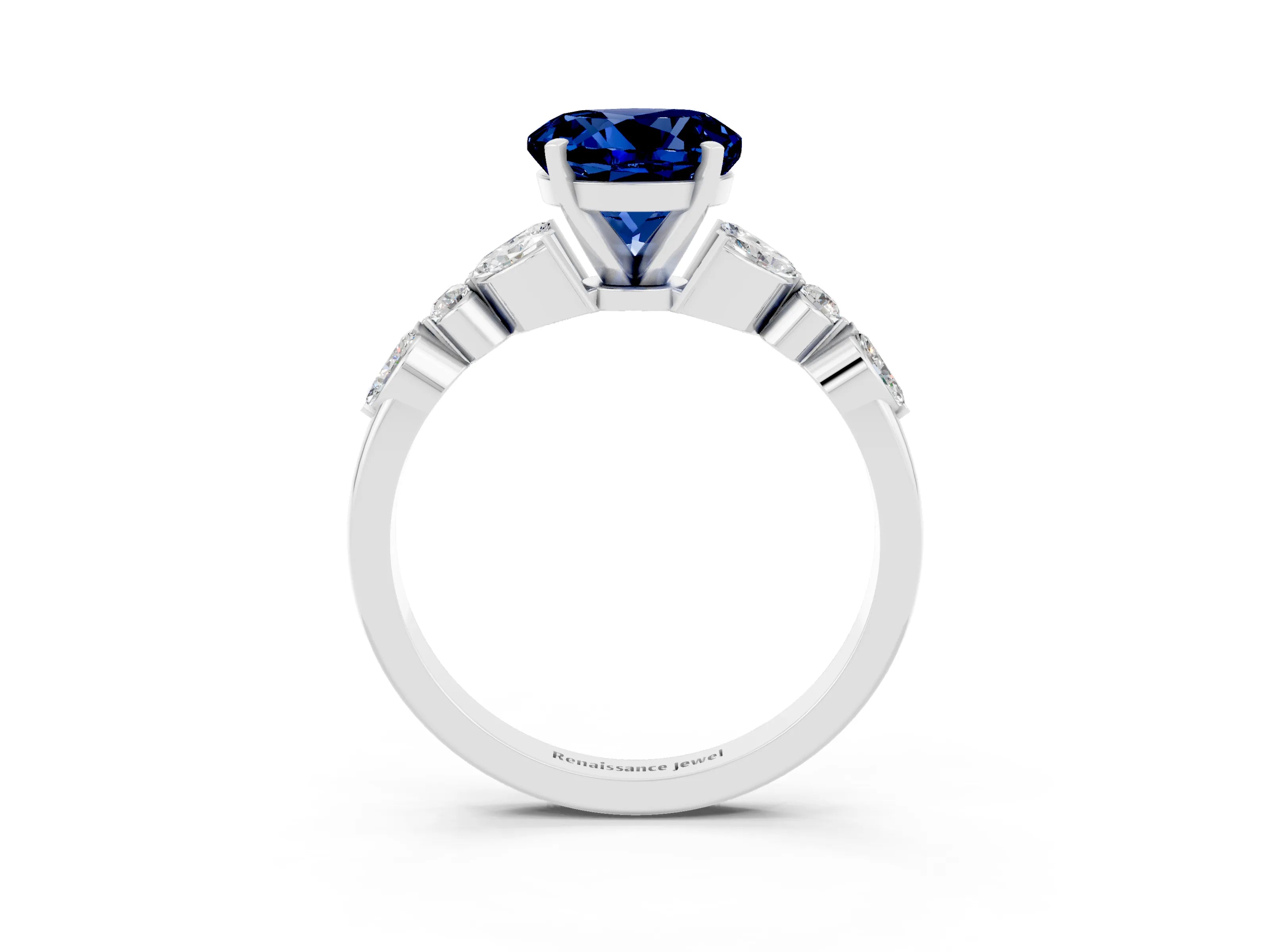 White gold Round Cut Blue Sapphire Solitaire Ring with Side Stones and Four-Prong Setting_27