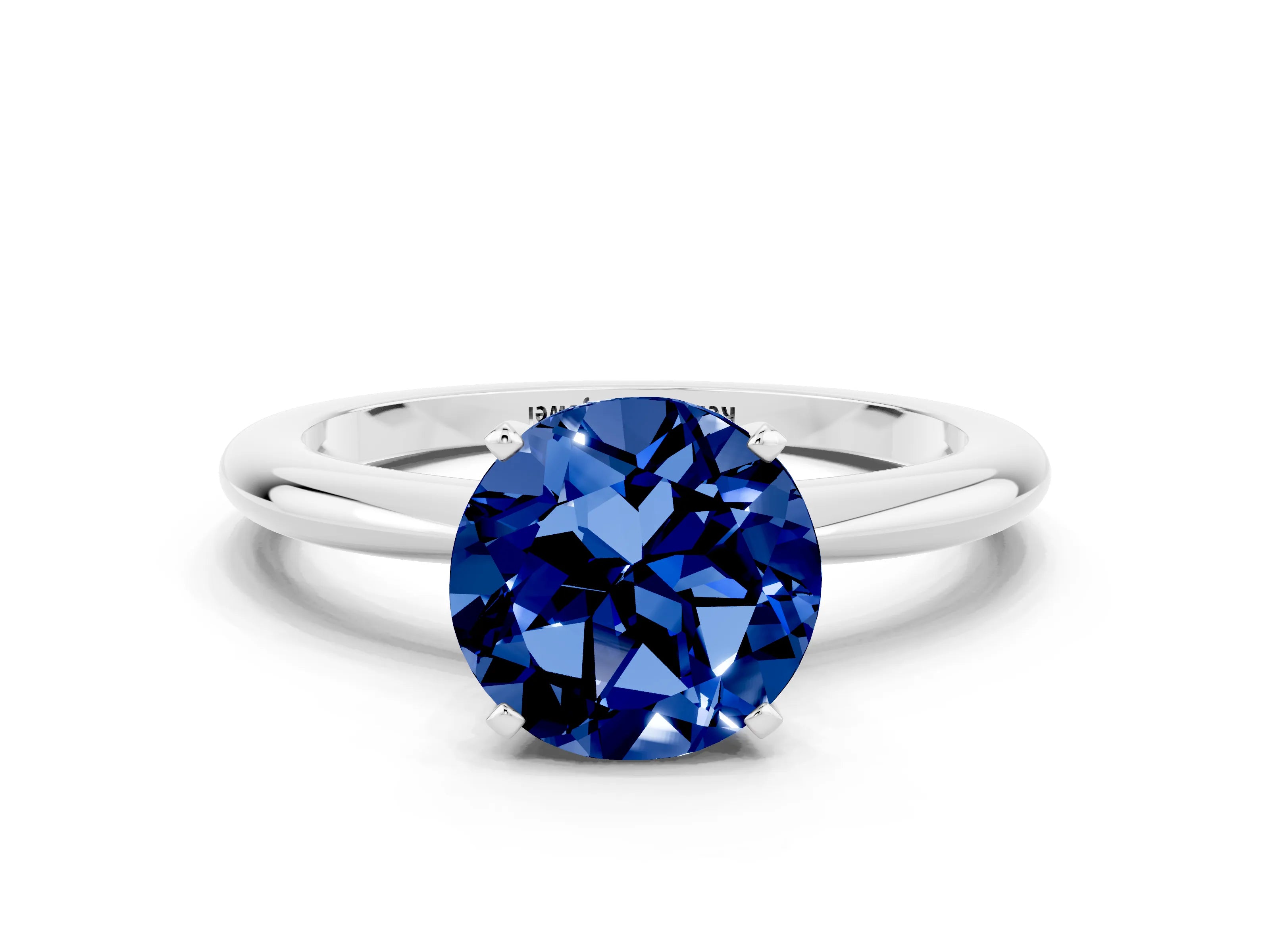 White gold Round Cut Blue Sapphire Solitaire Ring with Six-Prong Setting and Classic Band