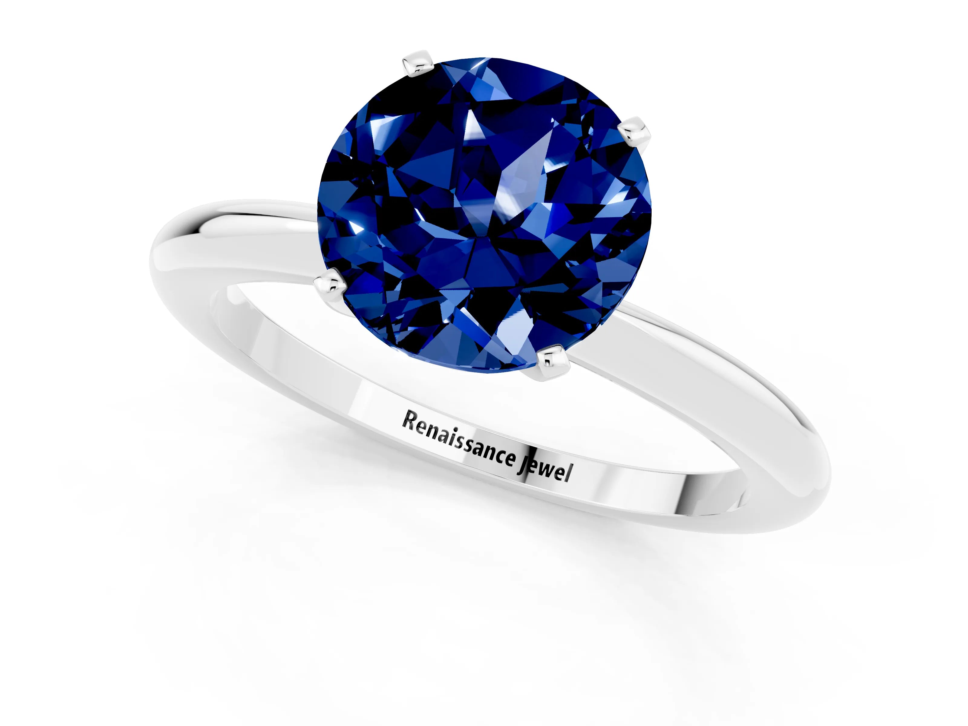 White gold Round Cut Blue Sapphire Solitaire Ring with Six-Prong Setting and Classic Band_1