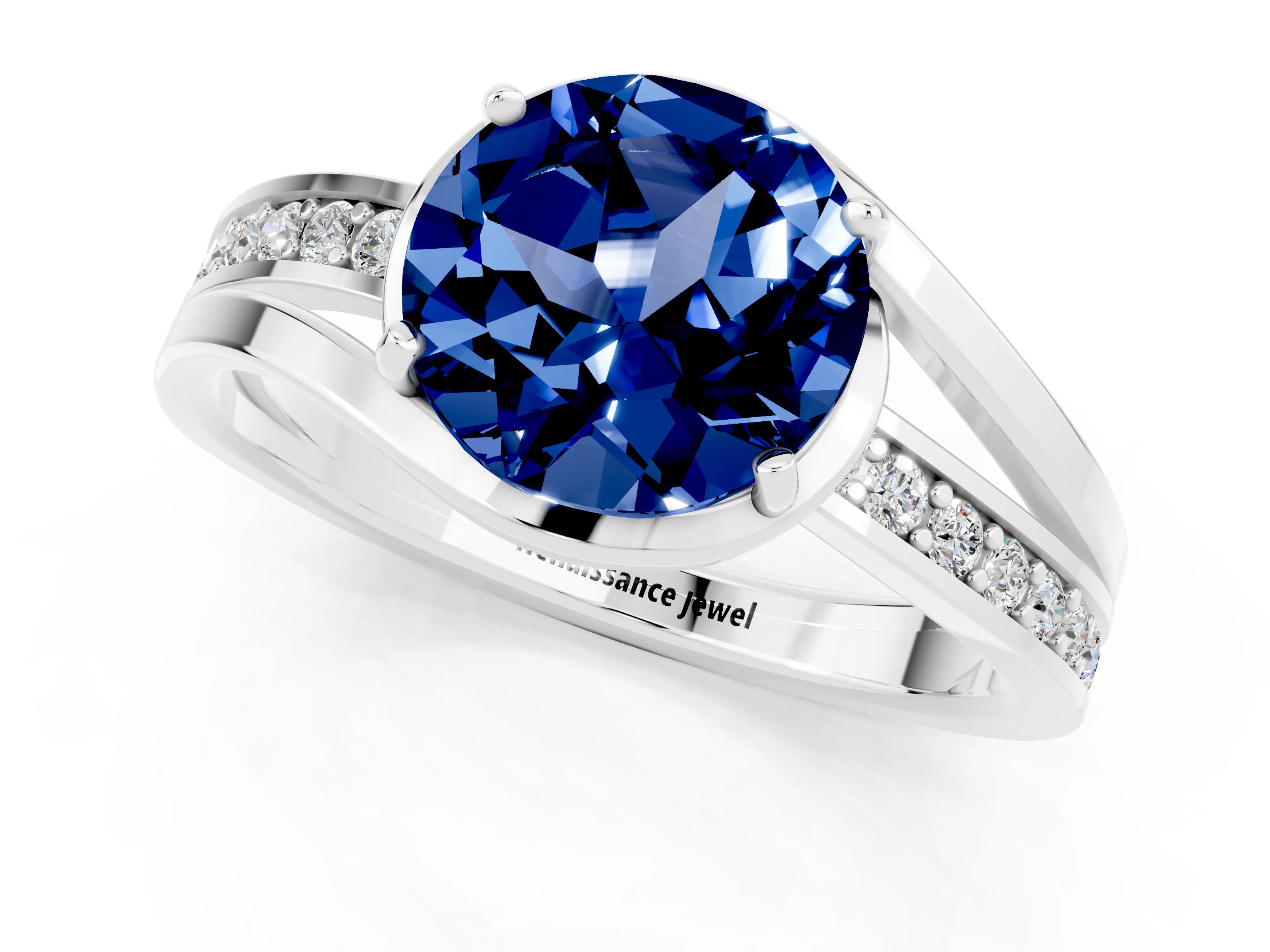 White gold Round Cut Blue Sapphire Solitaire Ring with Split Shank and Prong Setting_1