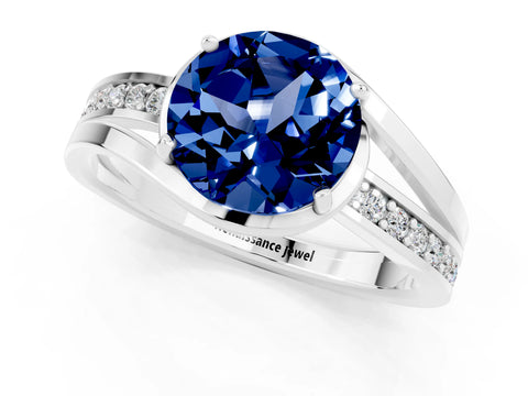 White gold Round Cut Blue Sapphire Solitaire Ring with Split Shank and Prong Setting_1
